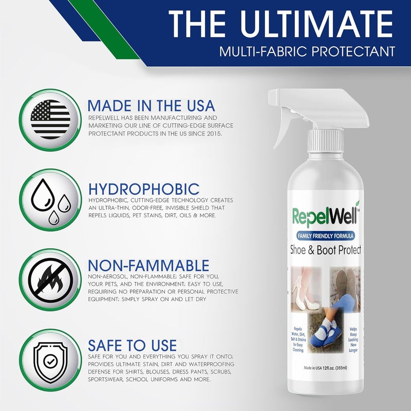 RepelWell Shoe & Boot Stain & Water Repellent (12oz) Eco-Friendly, Pet-Safe Spray Keeps Fabric, Leather & Suede Clean & Dry - Image 4